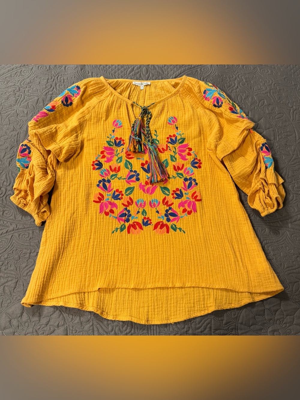 See And Be Seen Yellow floral Tassel Peasant Top